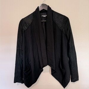 VINCE Black Wool and Leather Open Front Waterfall Jacket